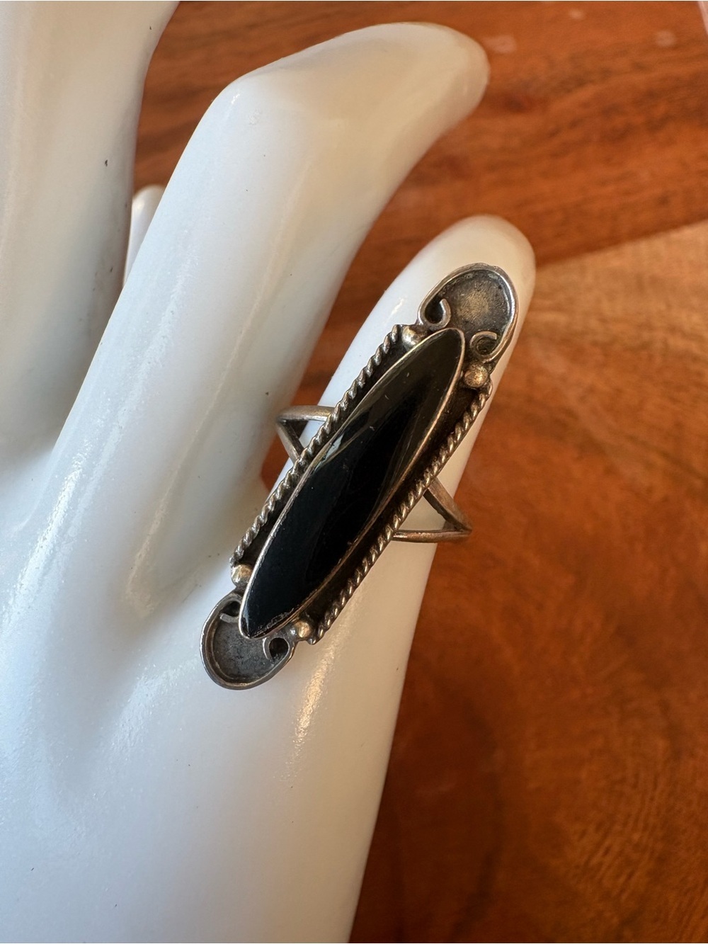 Vintage Mexico Sterling Silver Black Onyx Long Marquise Ring - Size 3.75